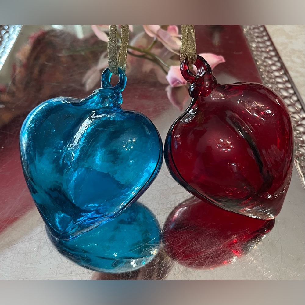Handblown Recycled Glass Heart Ornaments w Loopholes 2-Red & Turquoise, Mexico